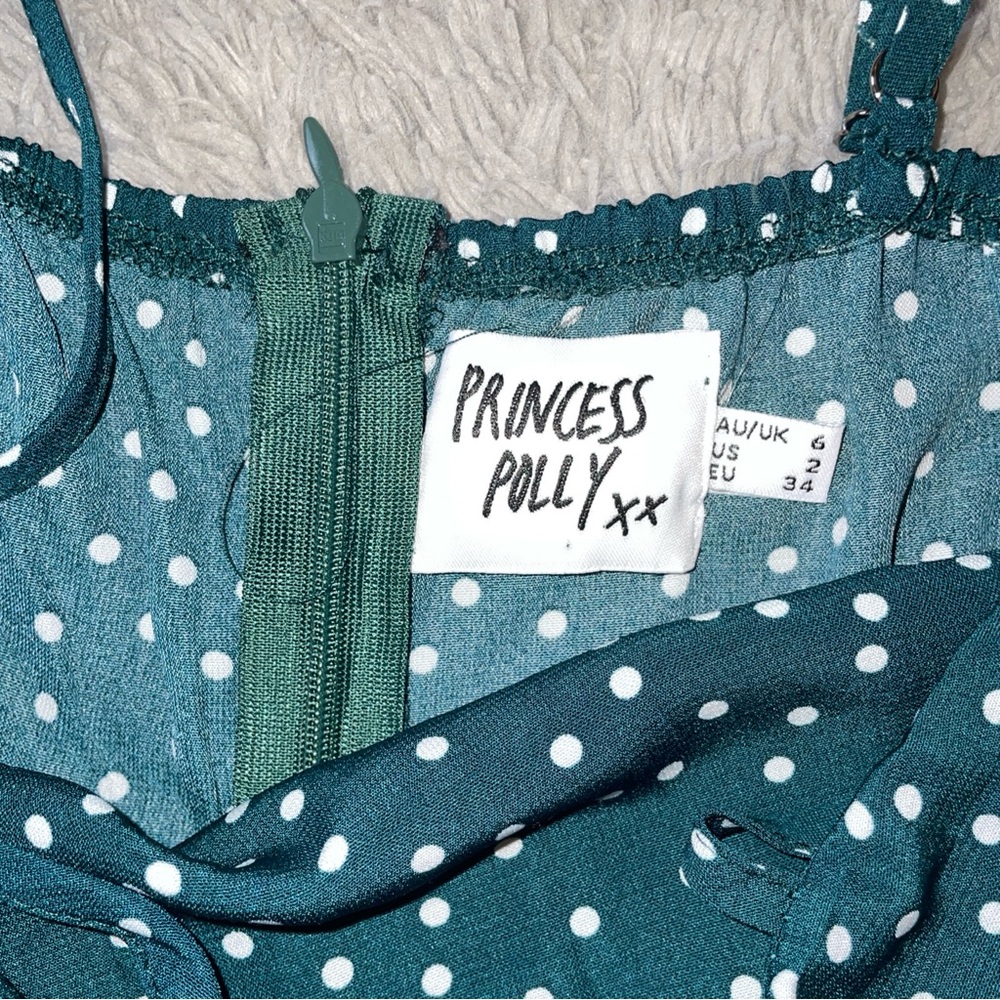 Princess Polly Caesura Mini Dress Women's Size 2 Teal Ruffle Hem Polka Dots - Picture 6 of 12